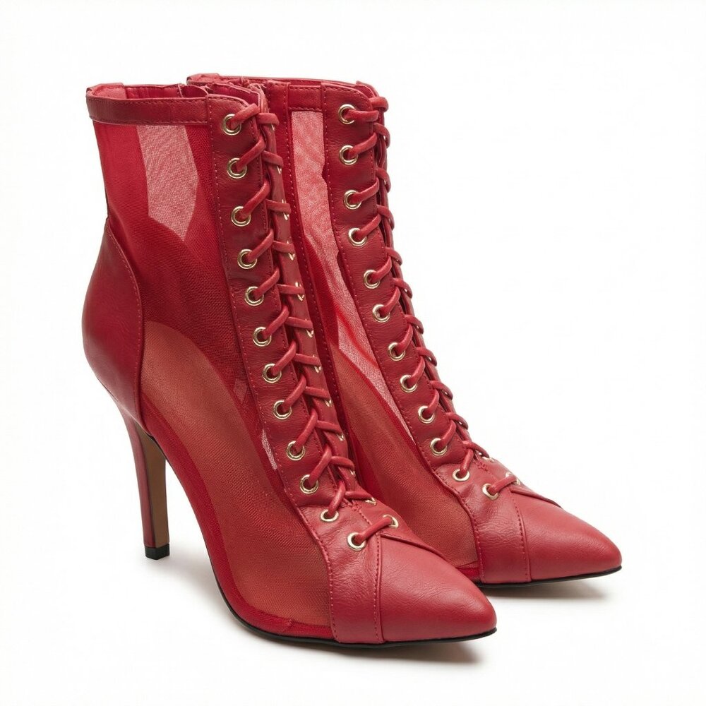 Anne Michelle Women's 6.5‎ M Red Stiletto Ankle Booties Mesh Zipper Faux Lace Up